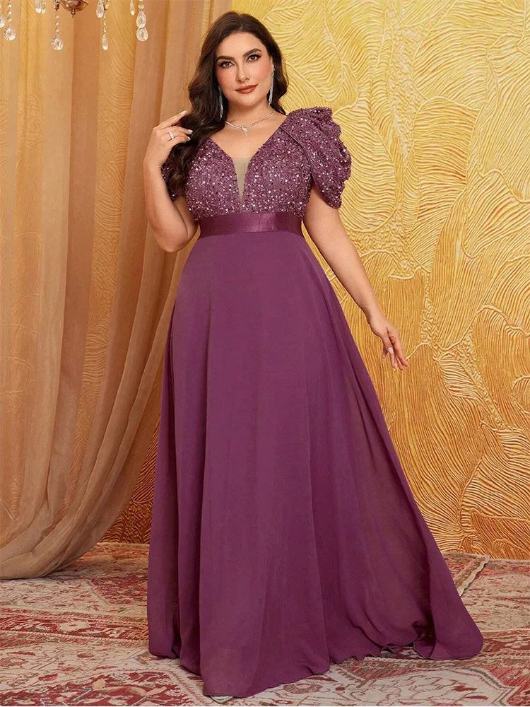 AVP PASSION – Robe de Soirée Grande Taille 4XL/5XL | Col V Pailleté & Manches Bouffantes | Mariage, Bal & Cérémonie