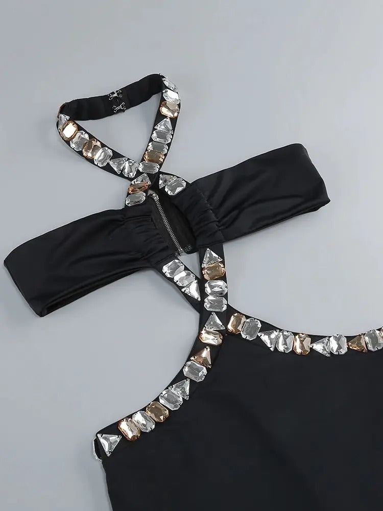 AVP PASSION: Diamond-Embellished Black Maxi Bodycon Dress