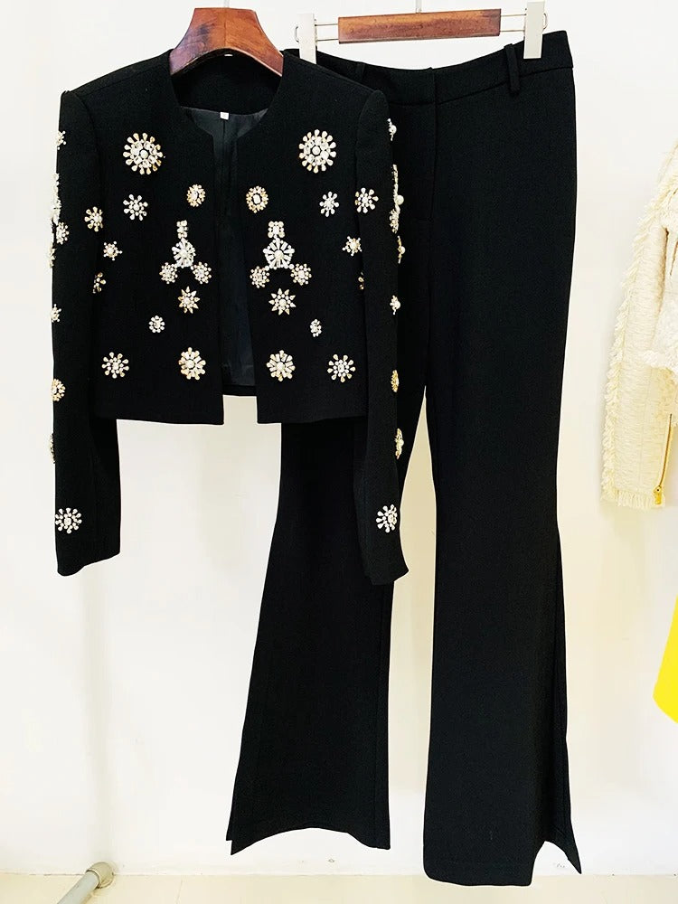 AVP PASSION: Rhinestone & Pearl Beaded Slit Flare Suit Set