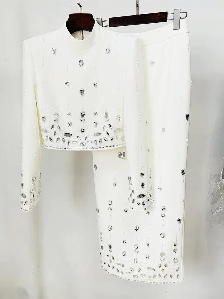 AVP PASSION: Spliced Rhinestone Top & Zipper Patchwork Skirt Set