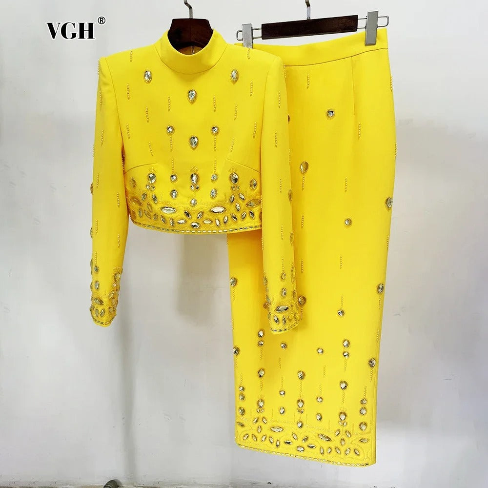 AVP PASSION: Spliced Rhinestone Top & Zipper Patchwork Skirt Set