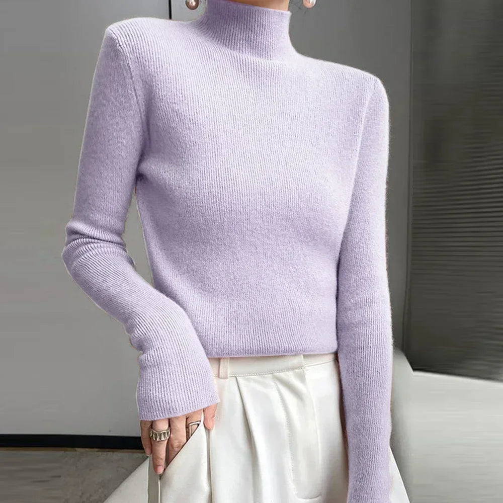 Pull Femme Côtes Fin Col Roulé Imitation - Taille Slim, Manches Longues, Matières Douces