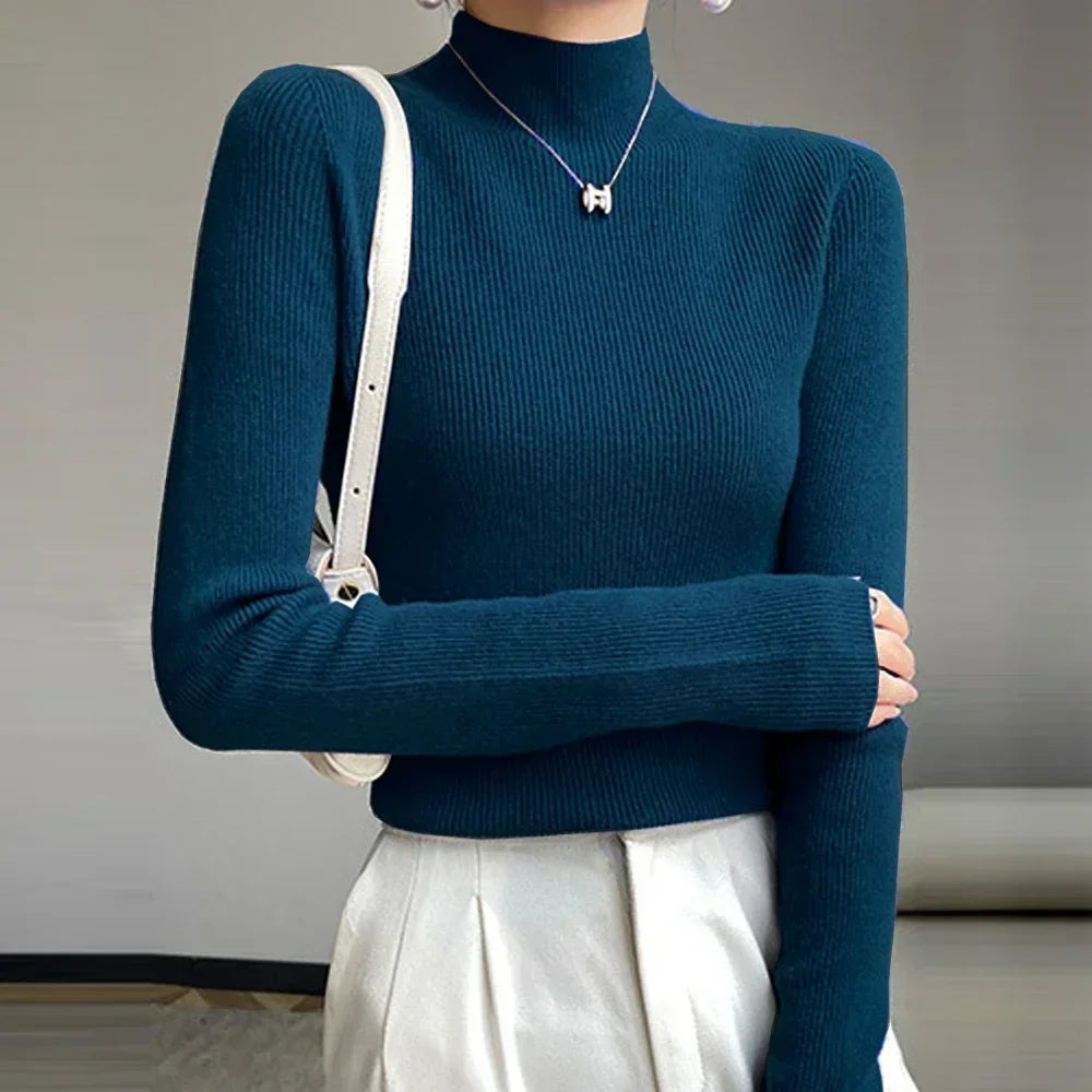 Pull Femme Col Haut Slim – Tricot Doux Manches Longues