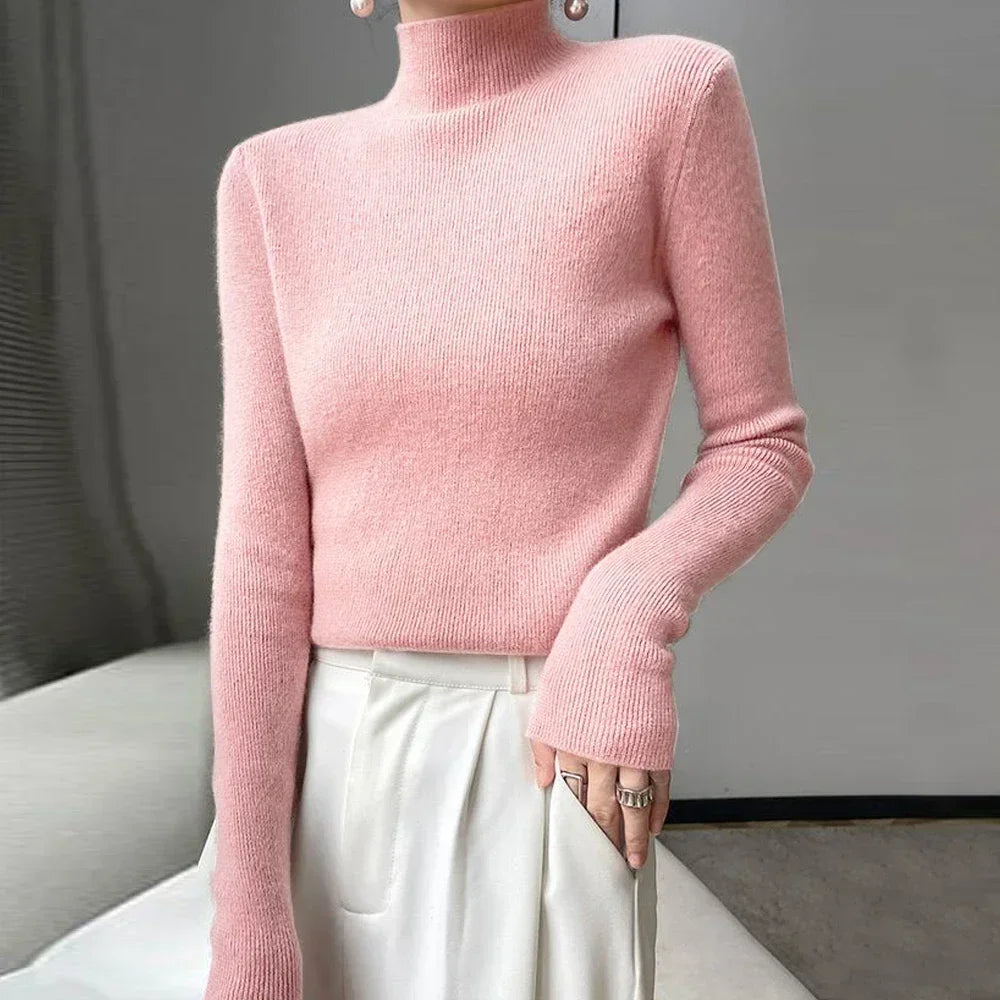 Pull Femme Col Haut Slim – Tricot Doux Manches Longues