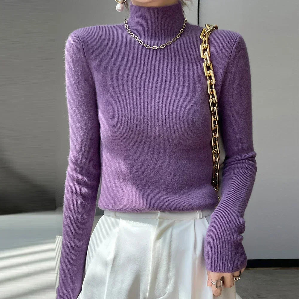 Pull Femme Col Haut Slim – Tricot Doux Manches Longues