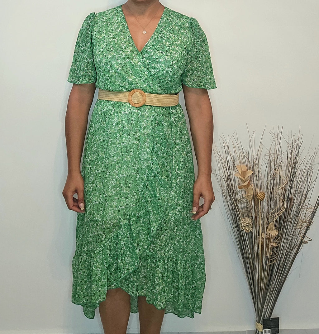 AVP PASSION Robe Portefeuille Longue Verte à Fleurs Élégante et Fluide