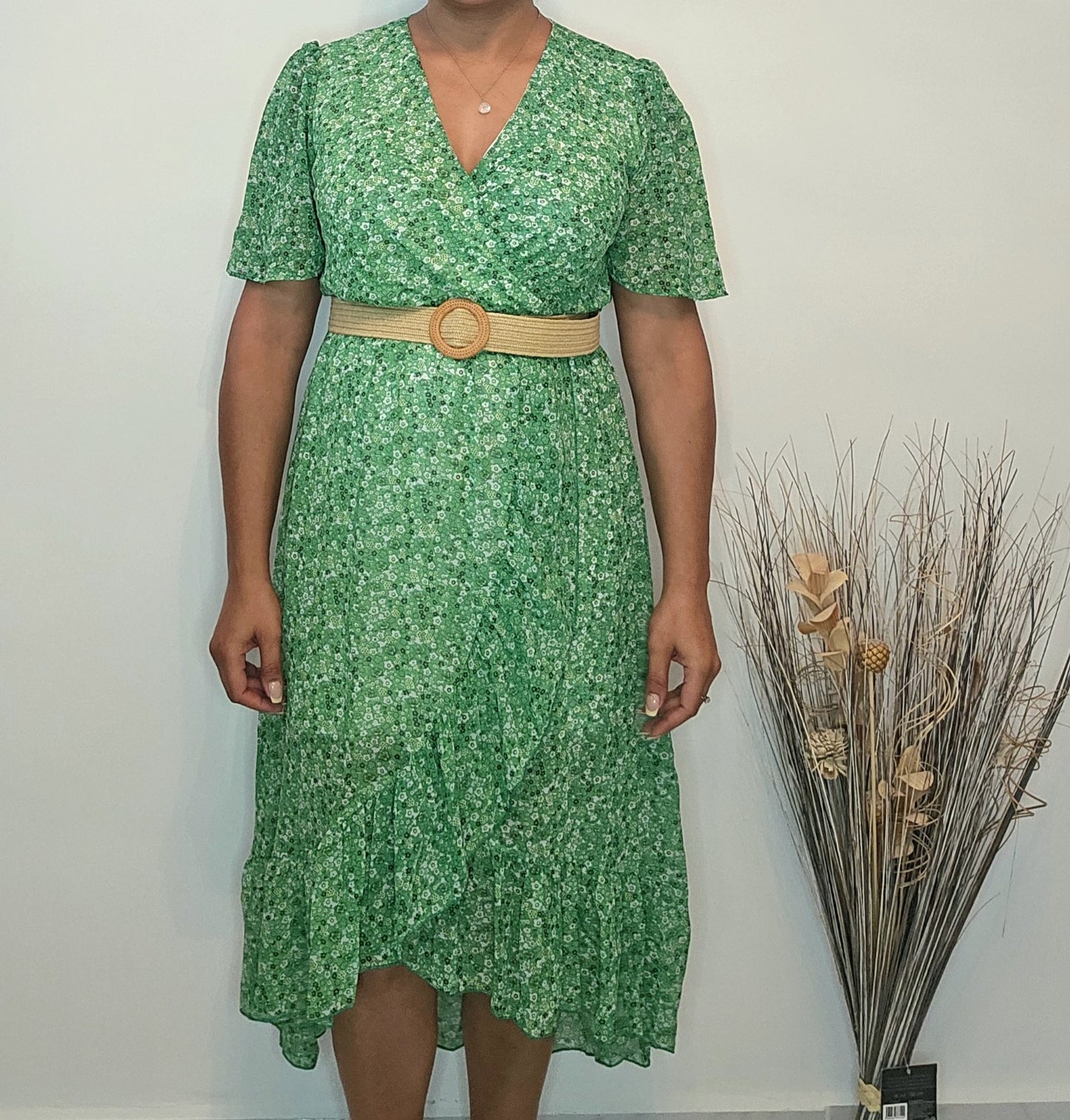 AVP PASSION Robe Portefeuille Longue Verte à Fleurs Élégante et Fluide