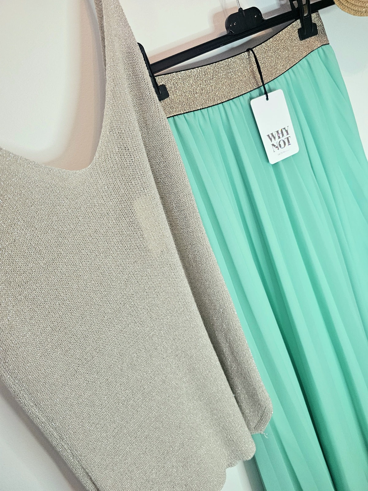 AVP PASSION Jupe Plissée Vert Menthe Élastique Tissu Vaporeux Ceinture Dorée Taille Unique S à L Style Romantique et Élégant