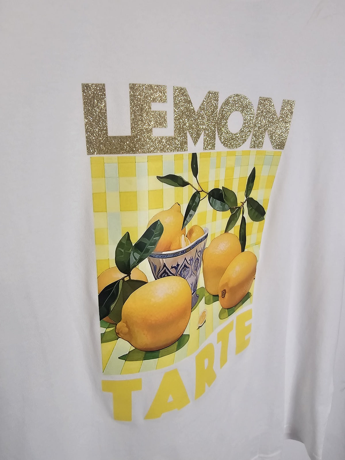T-shirt blanc imprimé citron “Lemon Tarte” – coton doux – taille unique S à XL