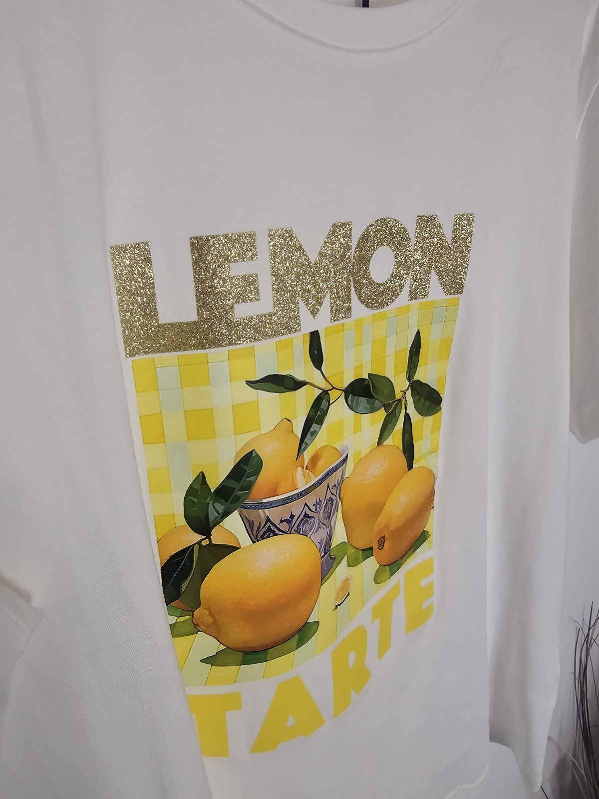 T-shirt blanc imprimé citron “Lemon Tarte” – coton doux – taille unique S à XL