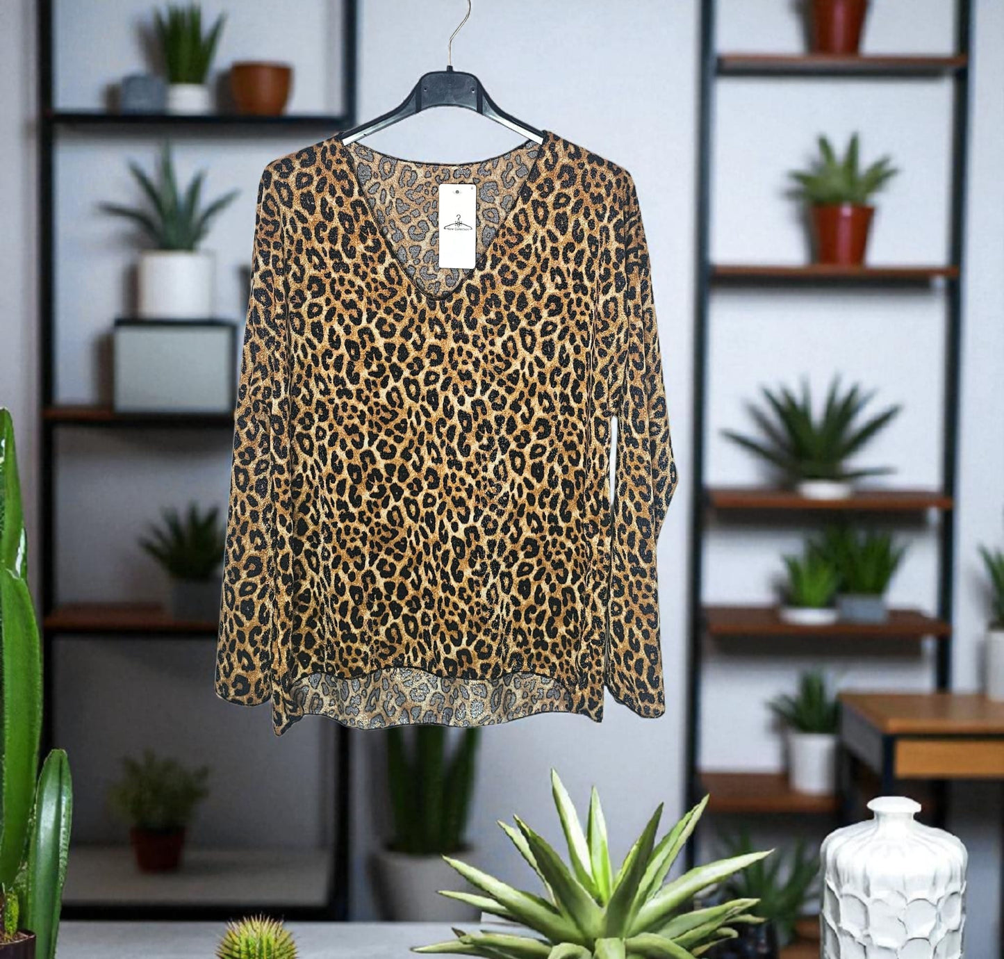 Blouse Femme Léopard – Manches 3/4, Col V, Style Casual & Chic