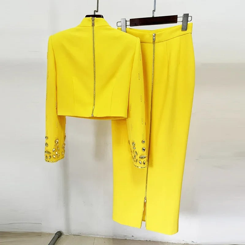 AVP PASSION: Spliced Rhinestone Top & Zipper Patchwork Skirt Set