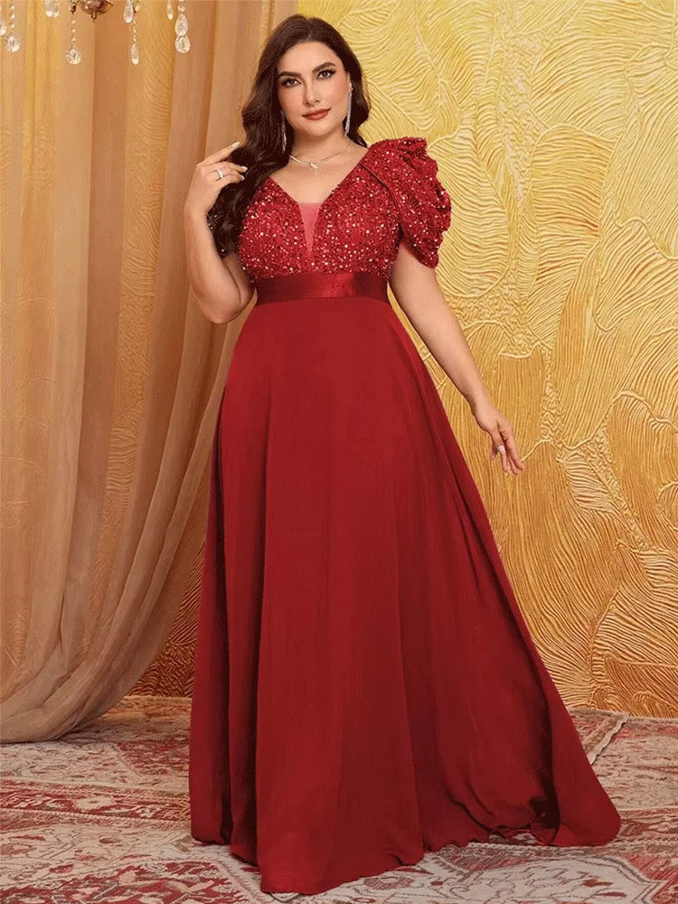 AVP PASSION – Robe de Soirée Grande Taille 4XL/5XL | Col V Pailleté & Manches Bouffantes | Mariage, Bal & Cérémonie
