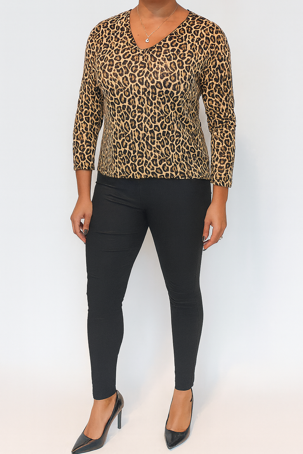 Blouse Femme Léopard – Manches 3/4, Col V, Style Casual & Chic