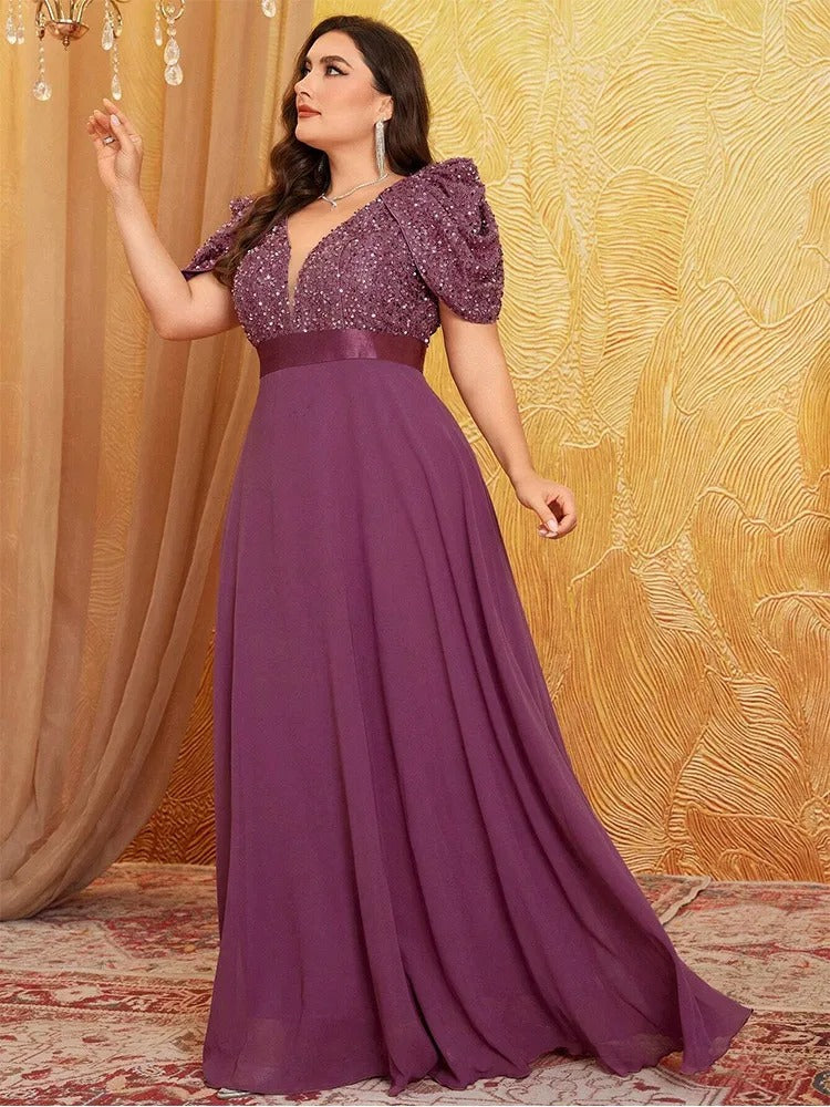 AVP PASSION – Robe de Soirée Col V à Manches Bouffantes