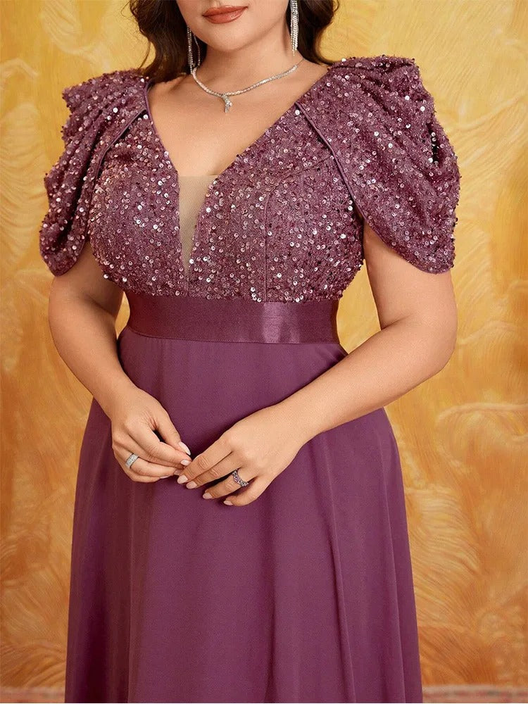 AVP PASSION – Robe de Soirée Col V à Manches Bouffantes