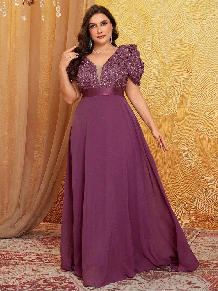 AVP PASSION – Robe de Soirée Col V à Manches Bouffantes