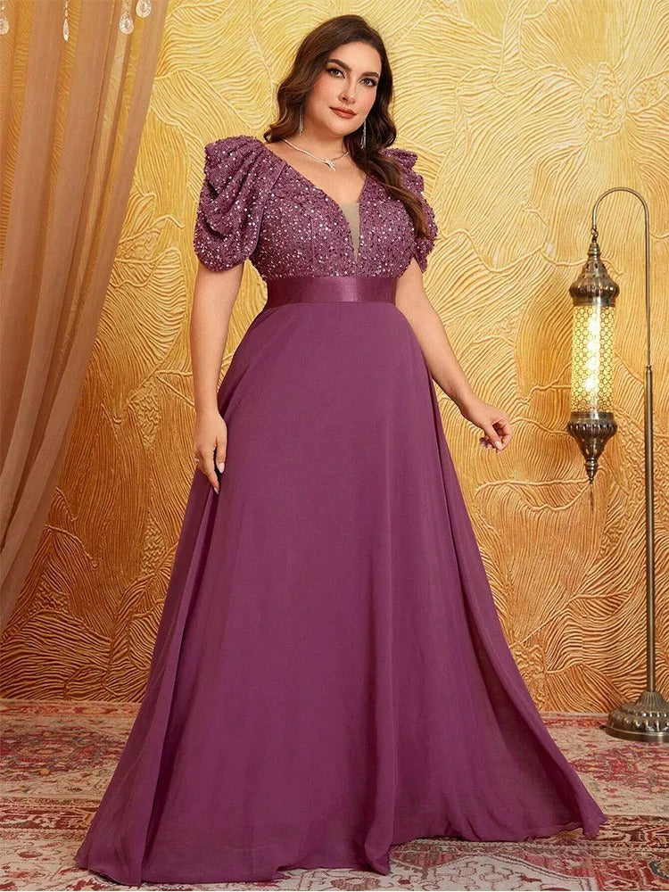 AVP PASSION – Robe de Soirée Col V à Manches Bouffantes