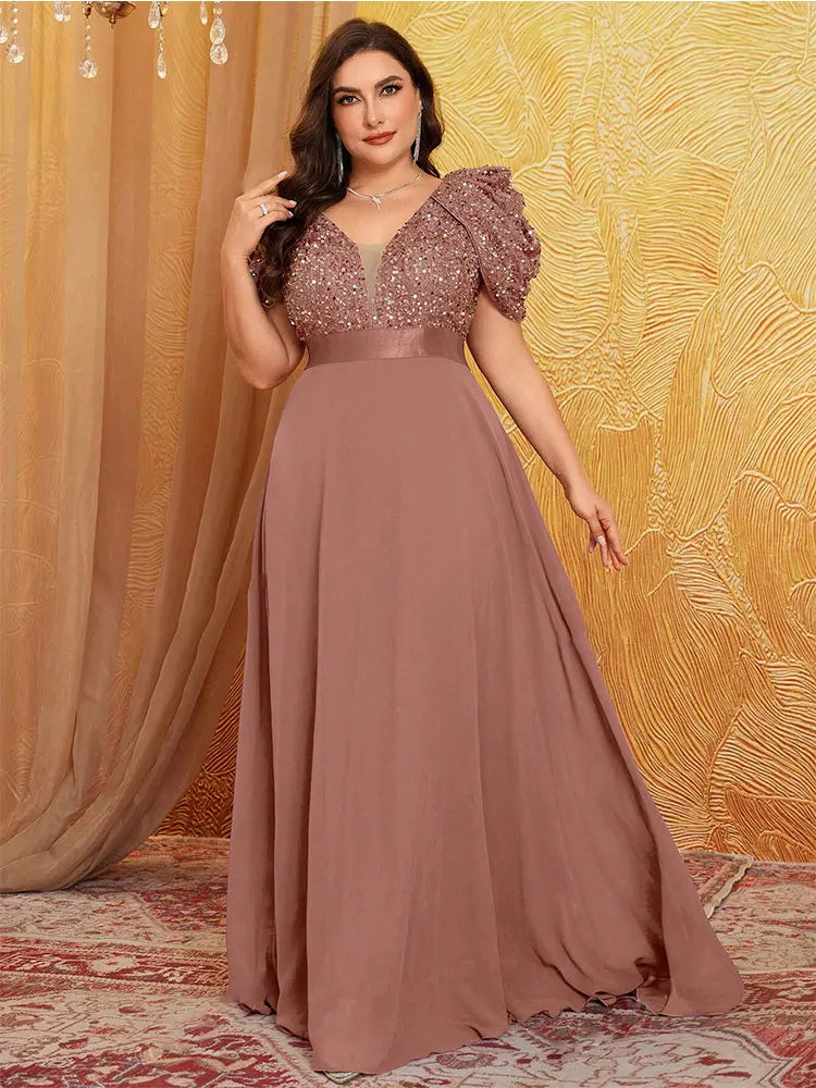 AVP PASSION – Robe de Soirée Grande Taille 4XL/5XL | Col V Pailleté & Manches Bouffantes | Mariage, Bal & Cérémonie